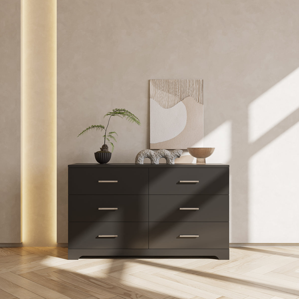 Black Particle Board With Triamcinol, Six Drawer Cabinet