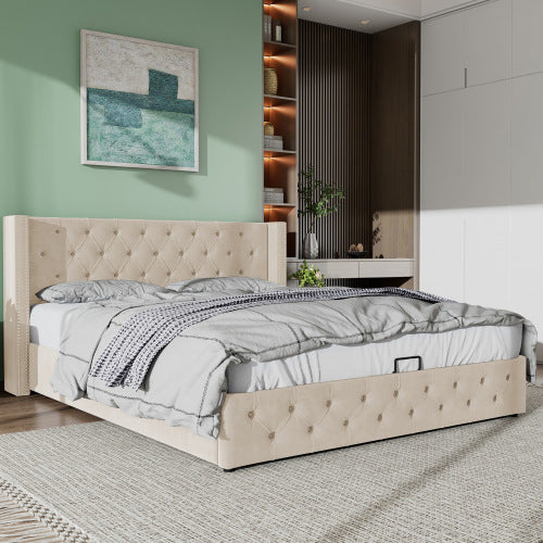 Upholstered Bed, With Hydraulic Lever, Functional Bed From Storage, 150 X 200 Cm, Without Mattress, Velvet, Beige