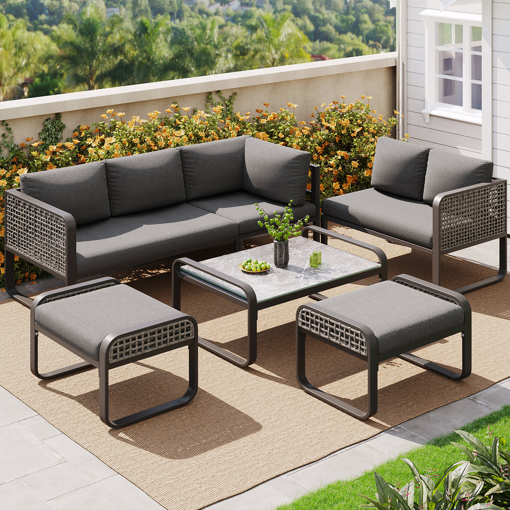 Outdoor Garden Lounge Set, Rattan Furniture Set For 6-7 People, Corner Sofa With Galvanised Iron Frame, Adjustable Legs, Includes All Seat And Back Cushions, Grey