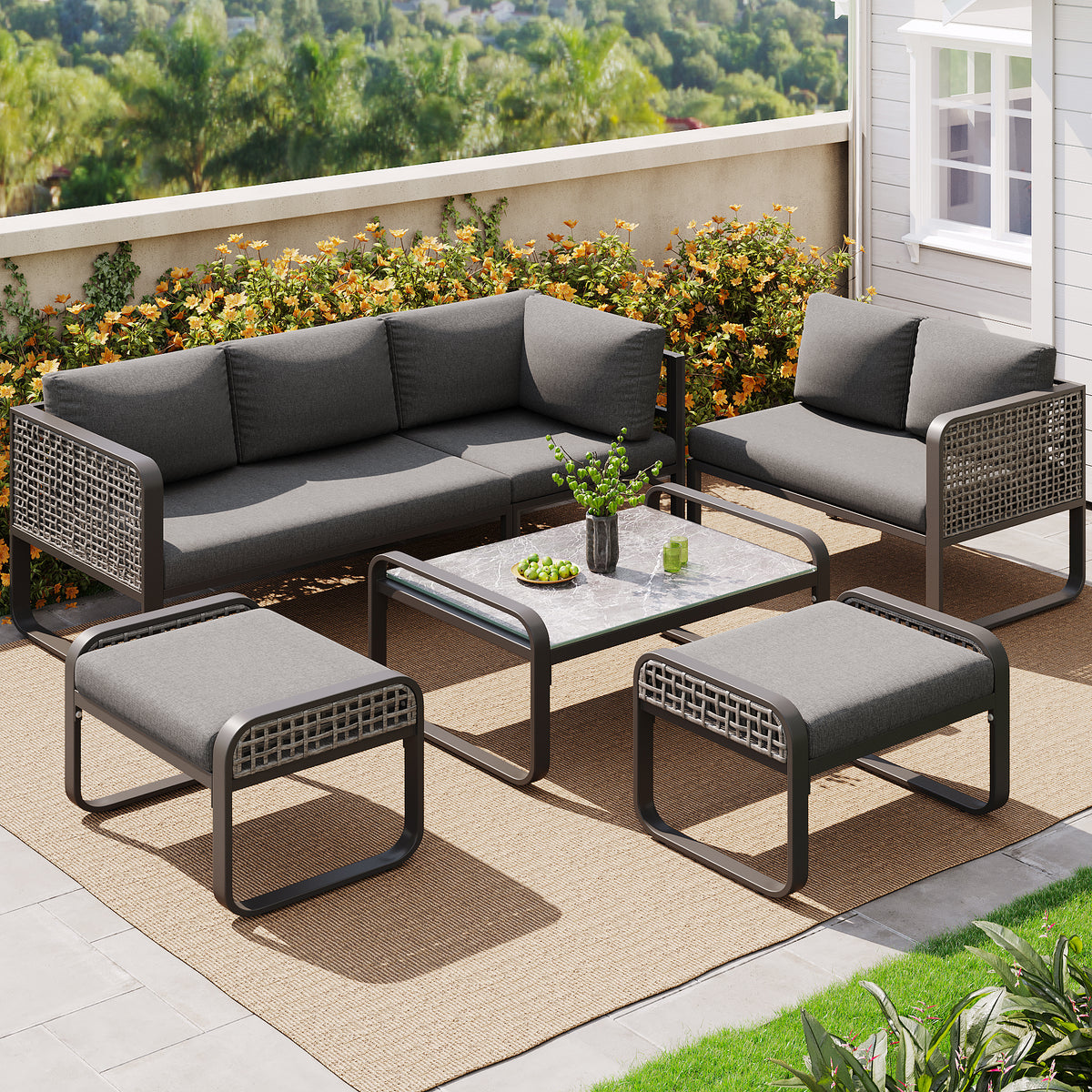 Outdoor Garden Lounge Set, Rattan Furniture Set For 6-7 People, Corner Sofa With Galvanised Iron Frame, Adjustable Legs, Includes All Seat And Back Cushions, Grey