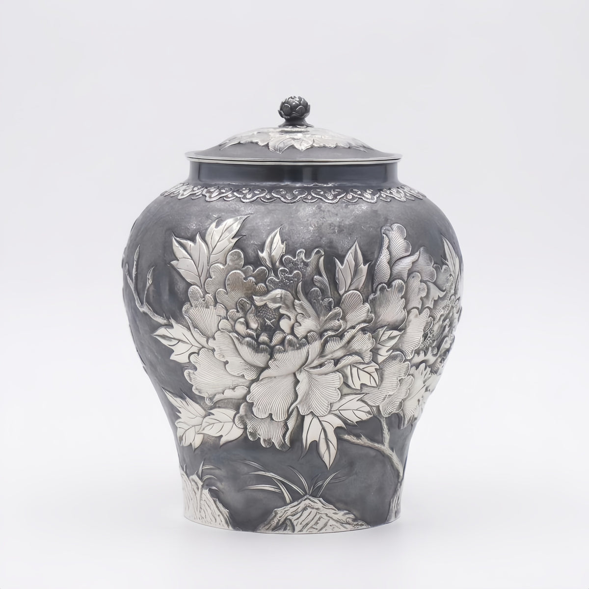 925 Sterling Silver Exquisite Handcrafted Silver Peony Floral Lidded Decorative Urn with Intricate Metalwork - Handicraft
