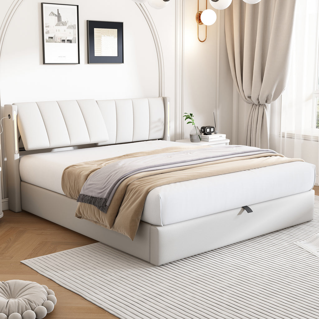 LED Upholstered Bed ,Double Bed-4ft6 135x190cm, Hydraulic Bed, Rechargeable USB Port In Bed, With LED Lighting, With Storage Space, Adjustable Headboard, PU , White