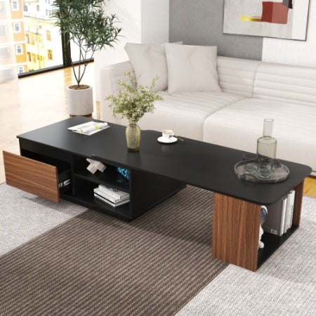 Extendable Coffee Table, Length Adjustable Wood Coffee Table With 2 Storage Drawers For Living Room, Large Long Rectangular Center Table