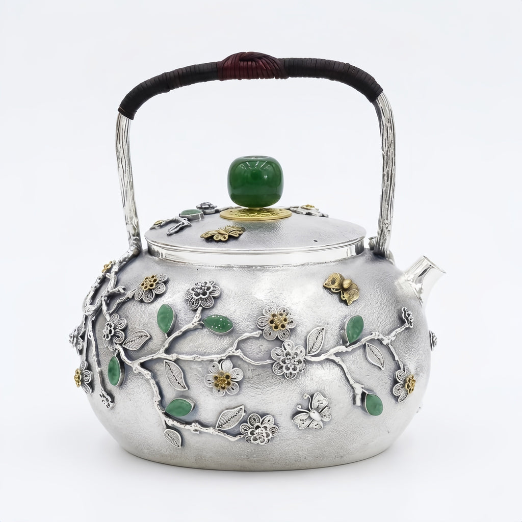 925 Sterling Silver Handcrafted Silver Teapot with Green Gemstone Accents and Ornate Floral Filigree - Handicraft