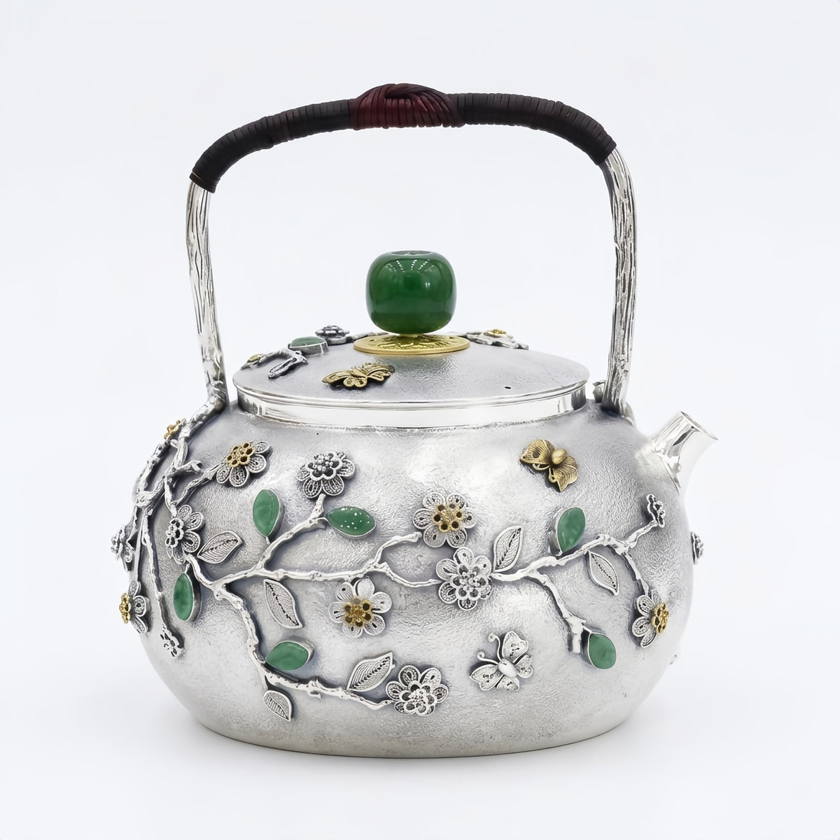 925 Sterling Silver Handcrafted Silver Teapot with Green Gemstone Accents and Ornate Floral Filigree - Handicraft