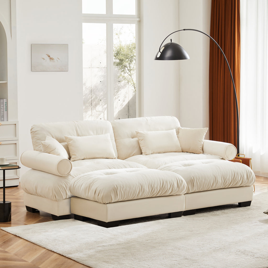 Over Size Modern Two-seater Sofa With Ottoman, Velvet 2-Seater With Round Bolster Armrests,With Waist Pillow And Throw Pillows,Reading Room , Loft And Bedroom,Cream