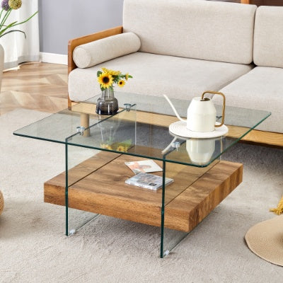 Modern Glass Coffee Table 2-Tier Square | Black Marble Design