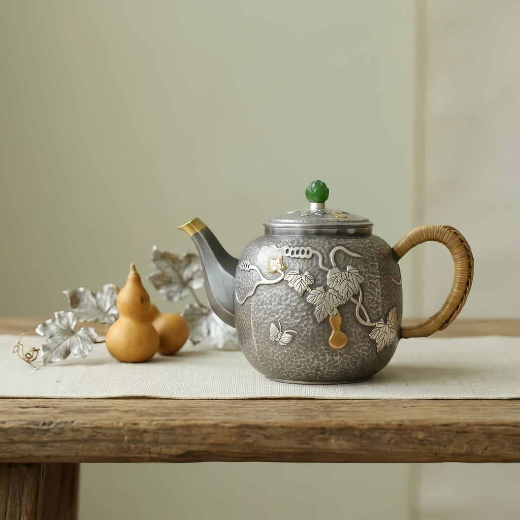 925 Sterling Silver Elegant Hammered Metal Teapot with Bamboo Handle and Artistic Vine Butterfly Gourd Motif-exquisite handmade teapot - Handicraft