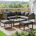 Outdoor Garden Lounge Set, Rattan Furniture Set For 6-7 People, Corner Sofa With Galvanised Iron Frame, Adjustable Legs, Includes All Seat And Back Cushions, Grey