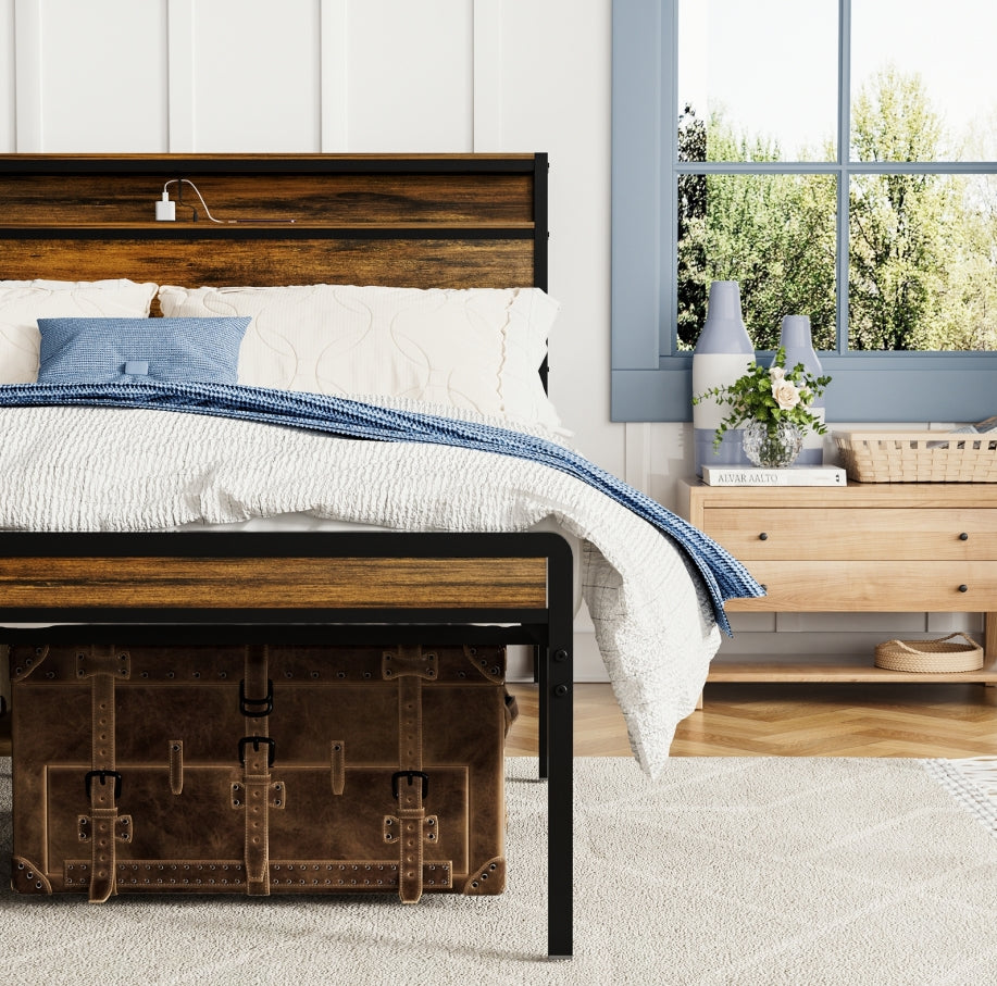 Queen Size Bed Frame, Storage Headboard With LED Light, Charging Station, Solid And Stable, Noise Fr