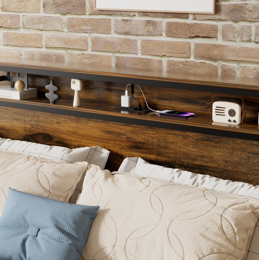 Queen Size Bed Frame, Storage Headboard With LED Light, Charging Station, Solid And Stable, Noise Fr