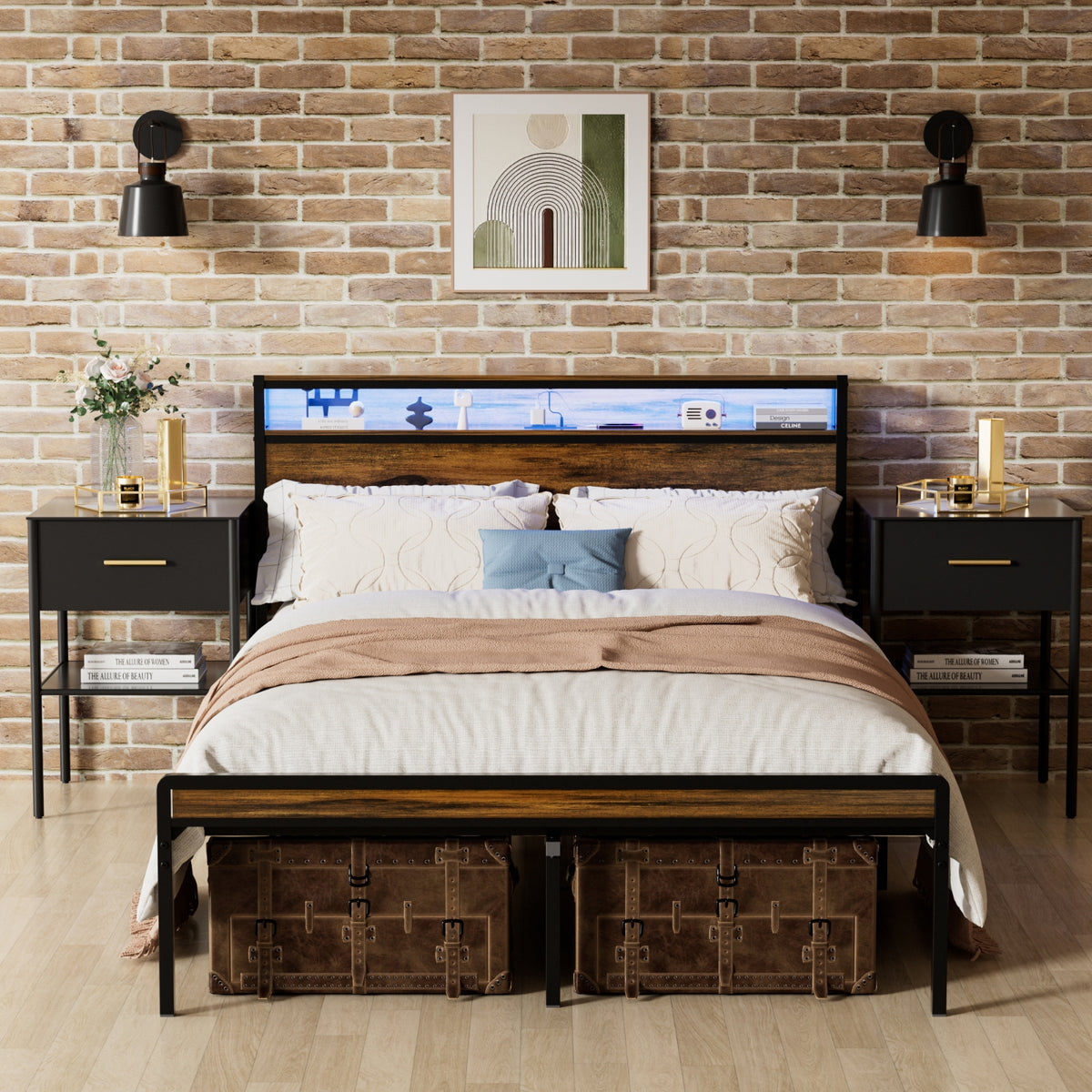 Queen Size Bed Frame, Storage Headboard With LED Light, Charging Station, Solid And Stable, Noise Fr