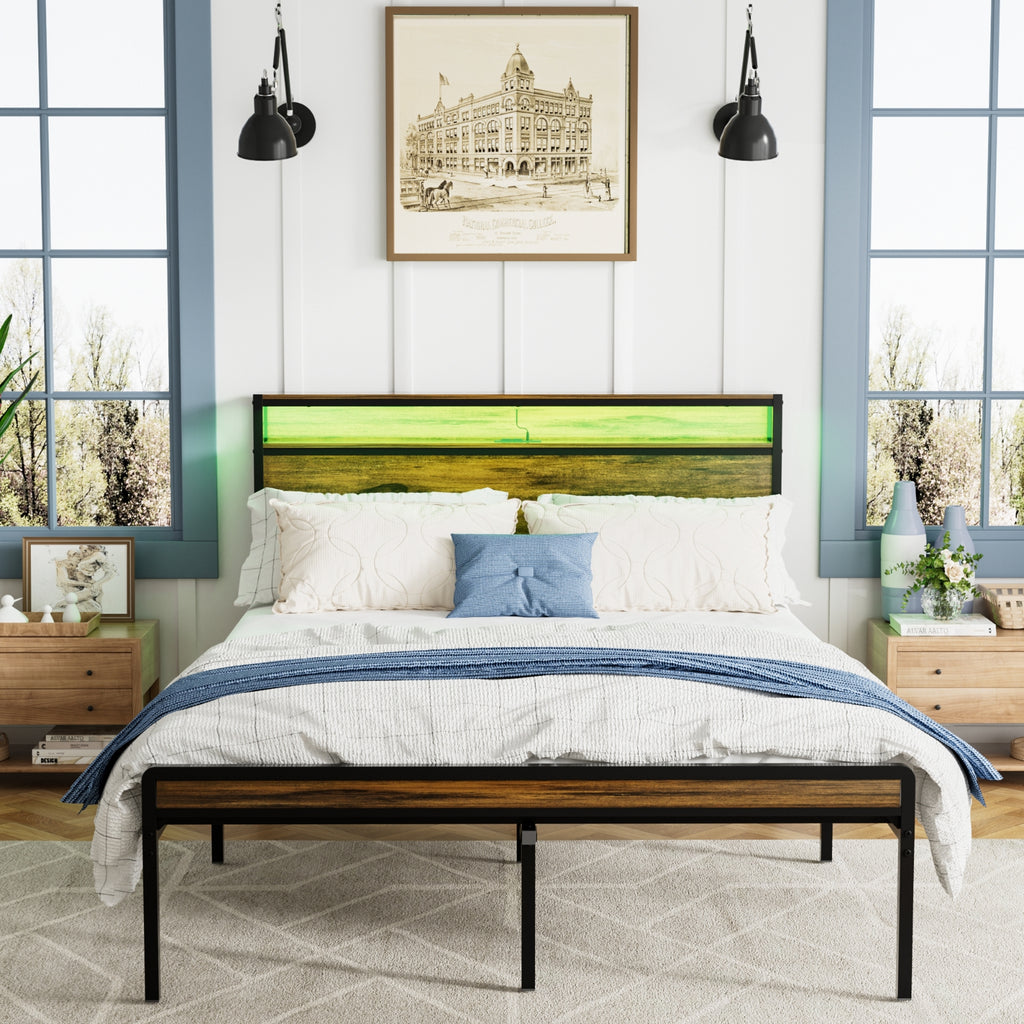 Queen Size Bed Frame, Storage Headboard With LED Light, Charging Station, Solid And Stable, Noise Fr