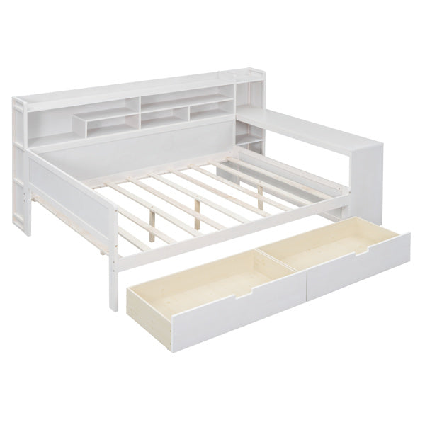 Wooden Full-size Sofa Bed With Storage Rack, Multifunctional Bed With Two Storage Drawers And Desk, Antique White