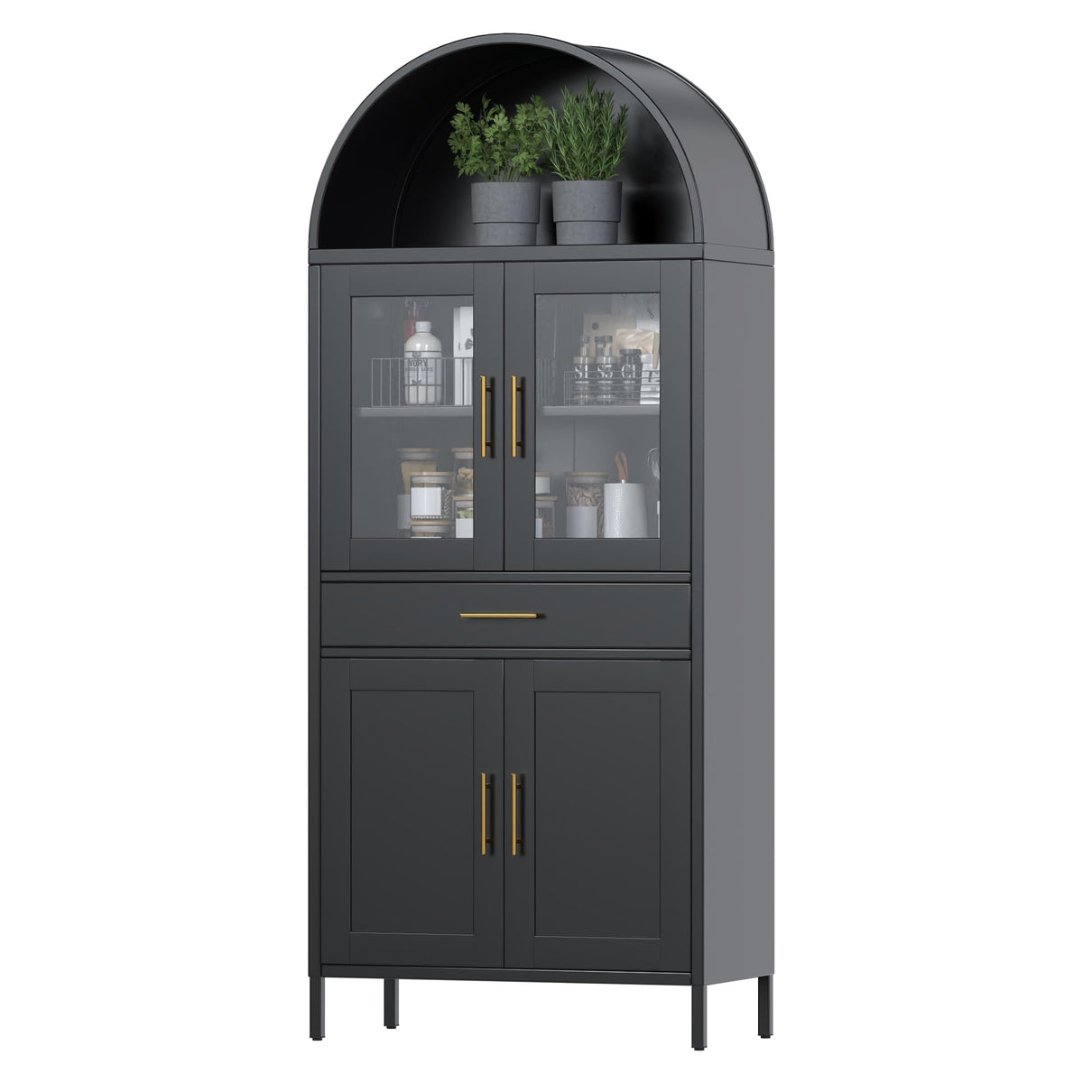 73 Inch Metal Tall Arched Display Cabinet, Metal Arched Bookshelf With Doors,Shelves,Drawers, Modern Freestanding Bookcase For Home Office Bar Living Room ,Black