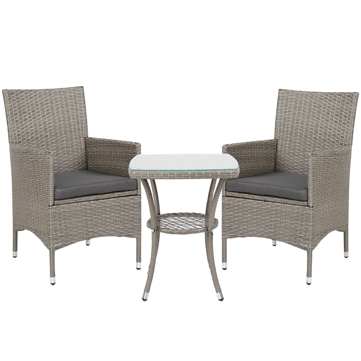 3 Pieces Rattan Bistro Set, Wicker Garden Furniture Set With 2-Tier Coffee Table And Chairs, Washable Cushions, For Outdoor Patio Balcony, Grey
