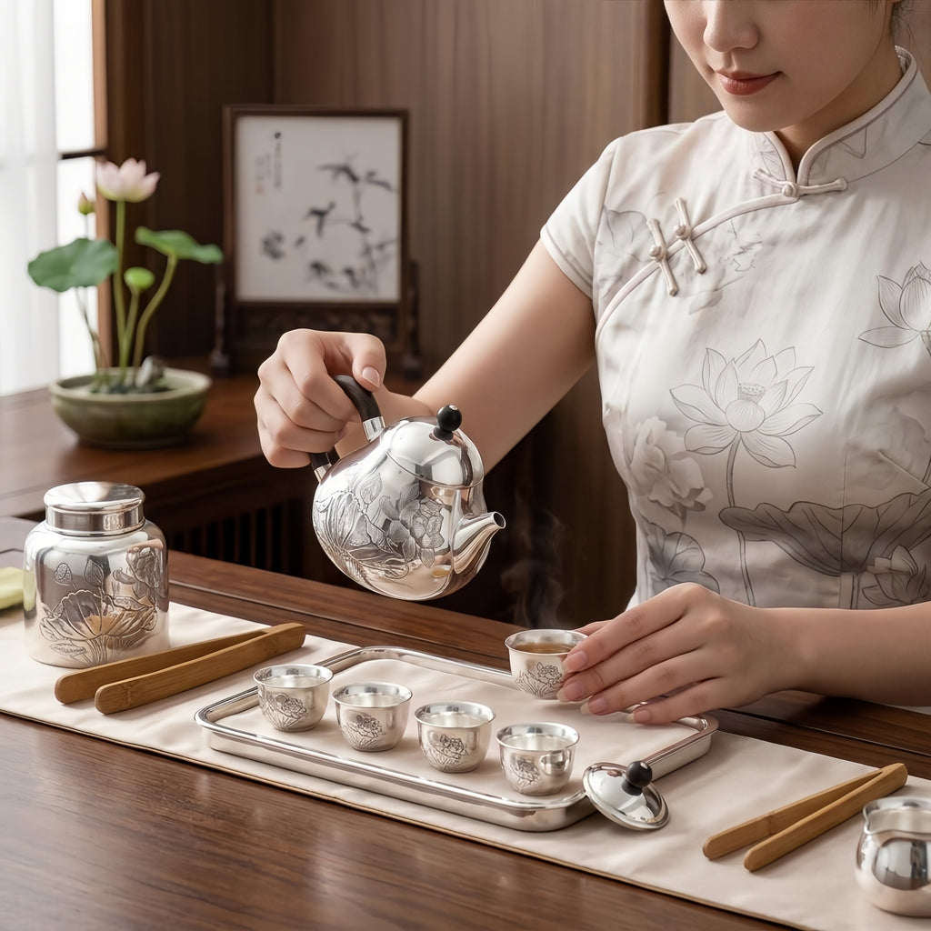 925 Sterling Silver Elegant Hand-Engraved Silver Teapot Featuring Intricate Lotus Design and Natural Wood Handle - Handicraft