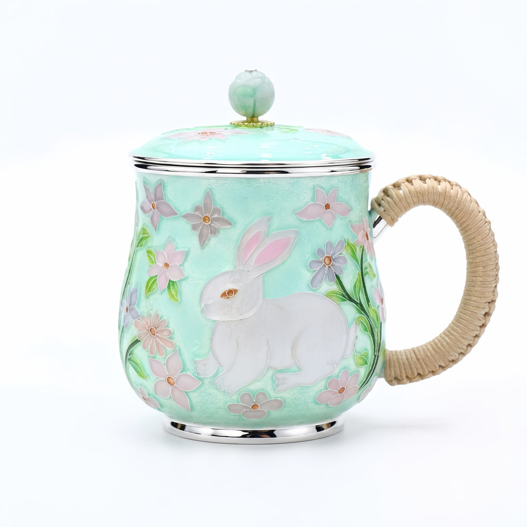Pure 999 Fine Silver Exquisite Mint Green Enamel Rabbit Mug with Floral Motifs and Woven Handle - Handicraft