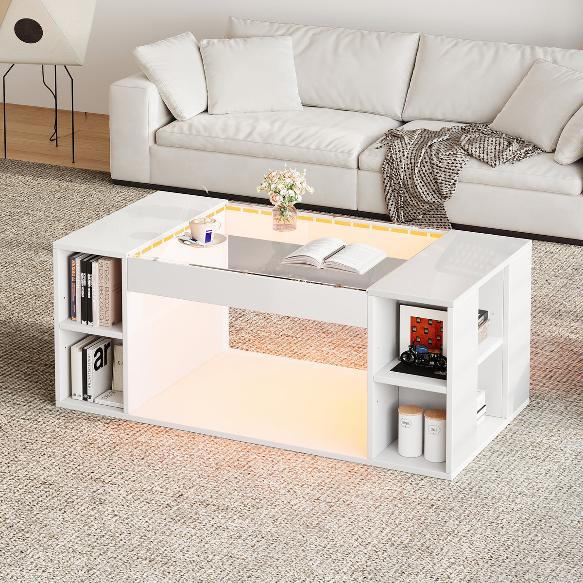 High Gloss Coffee Table With Open Storage, LED Lights