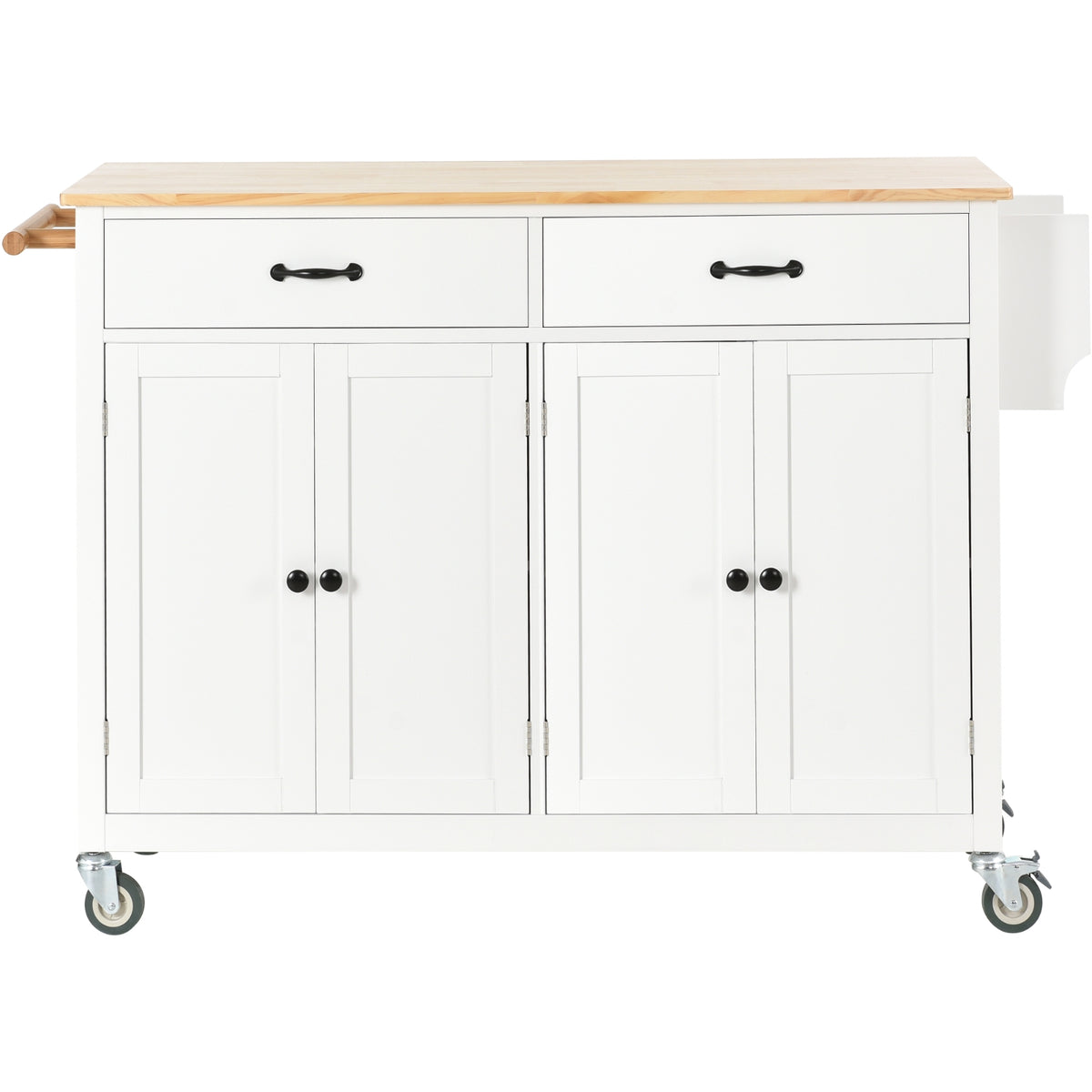 54.3Kitchen Island Cart Solid Wood Top, Locking Wheels, 4-Door Cabinet