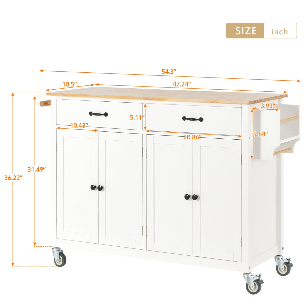 54.3Kitchen Island Cart Solid Wood Top, Locking Wheels, 4-Door Cabinet