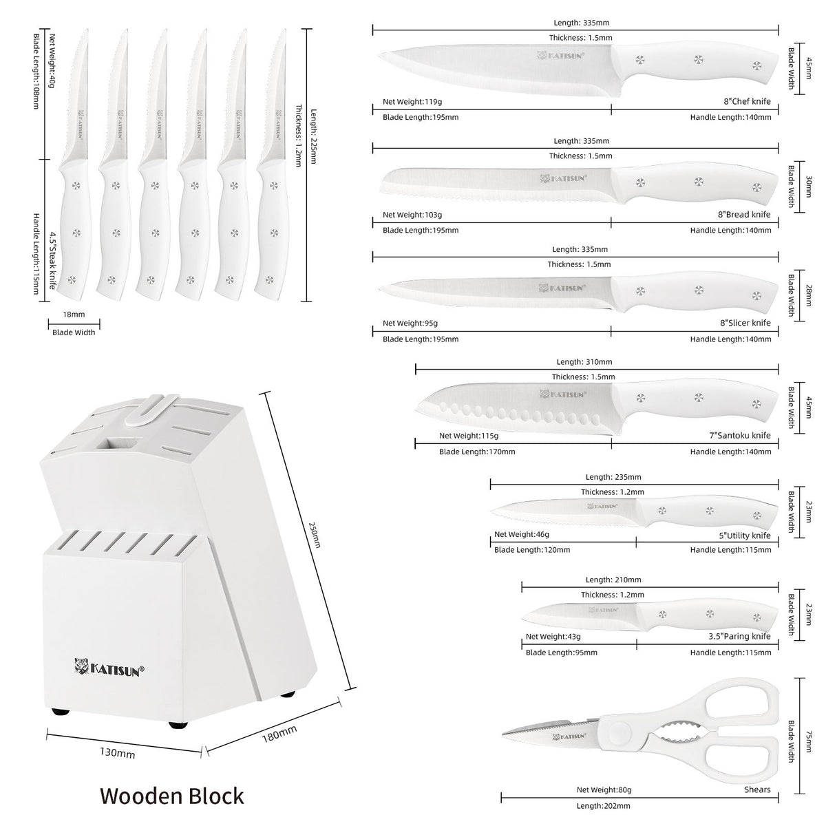 15 Pieces Of White Carbon Steel Blade Kitchen Knife Set, Equipped With A Genuine Wooden Frame, Internal Sharpener, And Kitchen Scissors