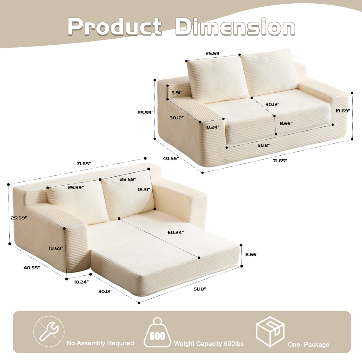 Loveseat Sofa, Comfortable Deep Seat Sofa Bed, Modern Small Corduroy Couch For Living Room Bedroom,Reversible Cushion With Pillows,No Assembly Required,White