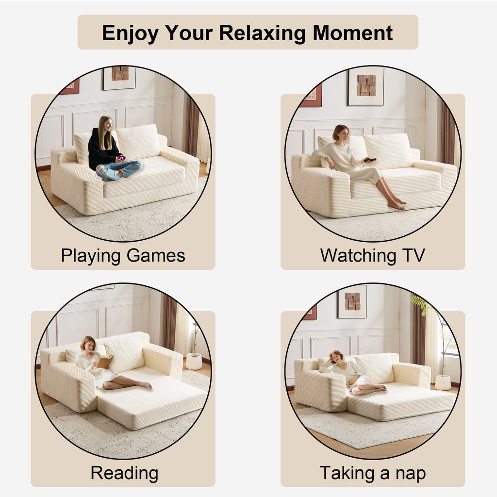 Loveseat Sofa, Comfortable Deep Seat Sofa Bed, Modern Small Corduroy Couch For Living Room Bedroom,Reversible Cushion With Pillows,No Assembly Required,White