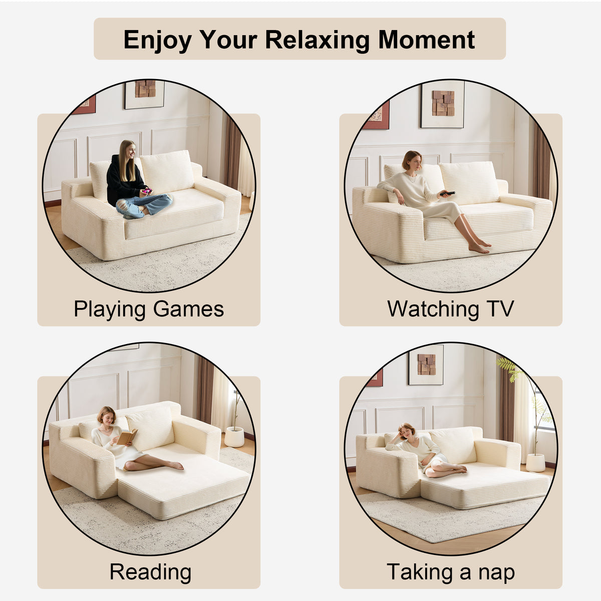 Loveseat Sofa, Comfortable Deep Seat Sofa Bed, Modern Small Corduroy Couch For Living Room Bedroom,Reversible Cushion With Pillows,No Assembly Required,White