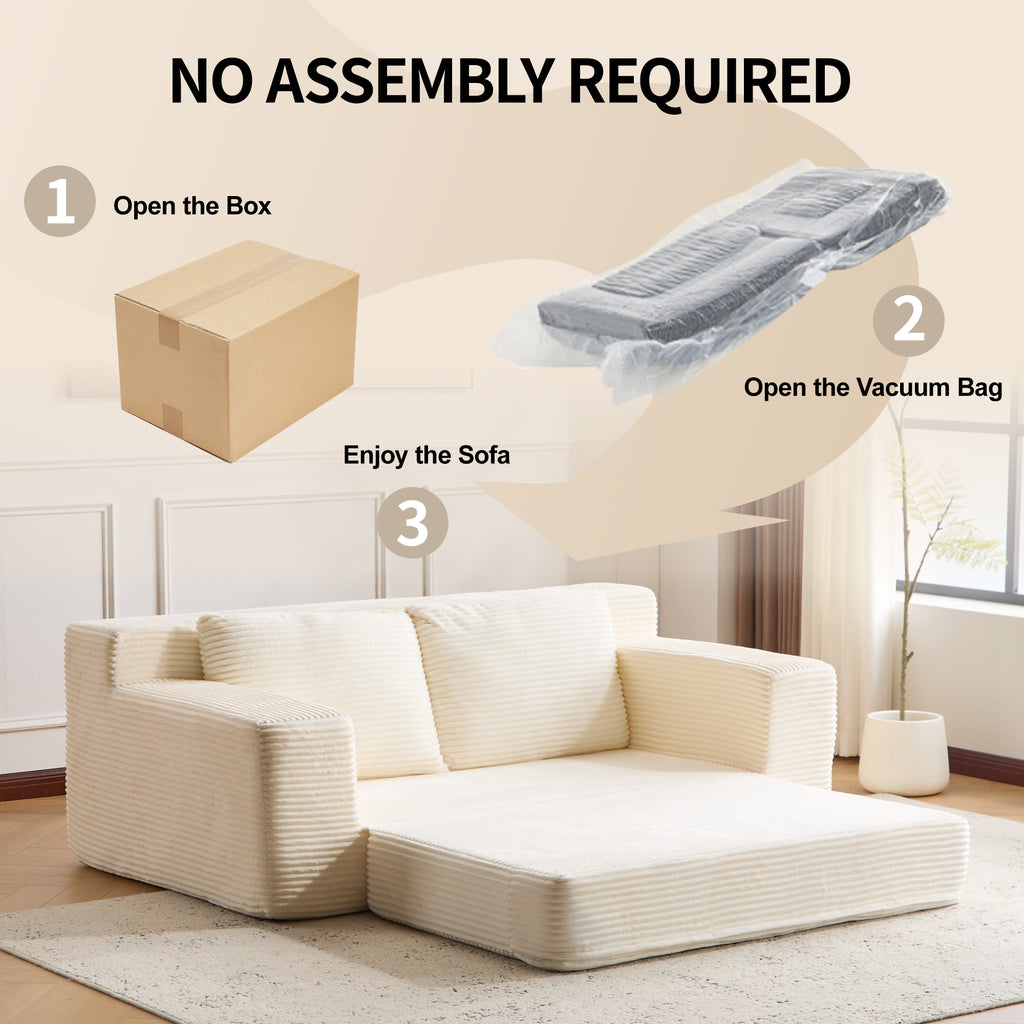 Loveseat Sofa, Comfortable Deep Seat Sofa Bed, Modern Small Corduroy Couch For Living Room Bedroom,Reversible Cushion With Pillows,No Assembly Required,White