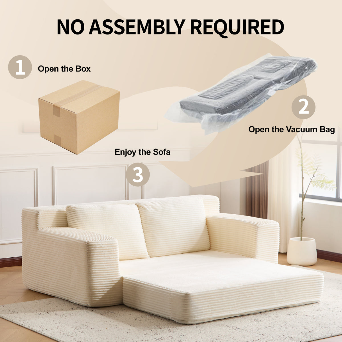 Loveseat Sofa, Comfortable Deep Seat Sofa Bed, Modern Small Corduroy Couch For Living Room Bedroom,Reversible Cushion With Pillows,No Assembly Required,White