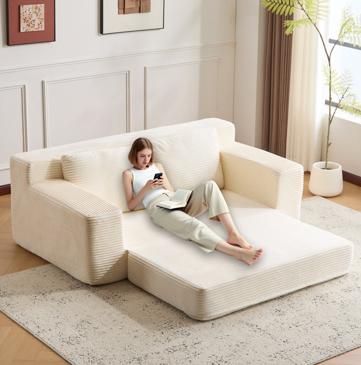 Loveseat Sofa, Comfortable Deep Seat Sofa Bed, Modern Small Corduroy Couch For Living Room Bedroom,Reversible Cushion With Pillows,No Assembly Required,White
