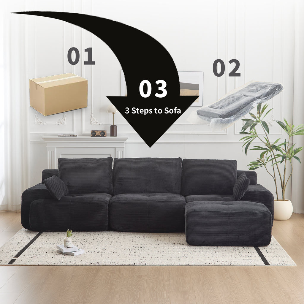 Modern Memory Foam Compressed Sofa,Large Sectional Couches For Living Room,Pet-Friendly Cloud Modular Sectional Sofa,Corduroy Fabric,Extra Deep Loveseat,No Assembly Required, Black