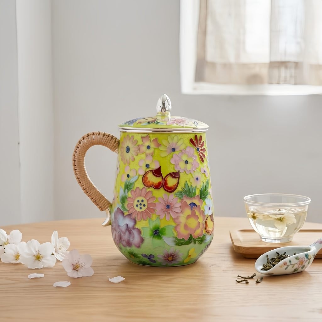 Pure 999 Fine Silver Hand-Painted Floral Enamel Lidded Mug with Woven Rattan Handle - Handicraft
