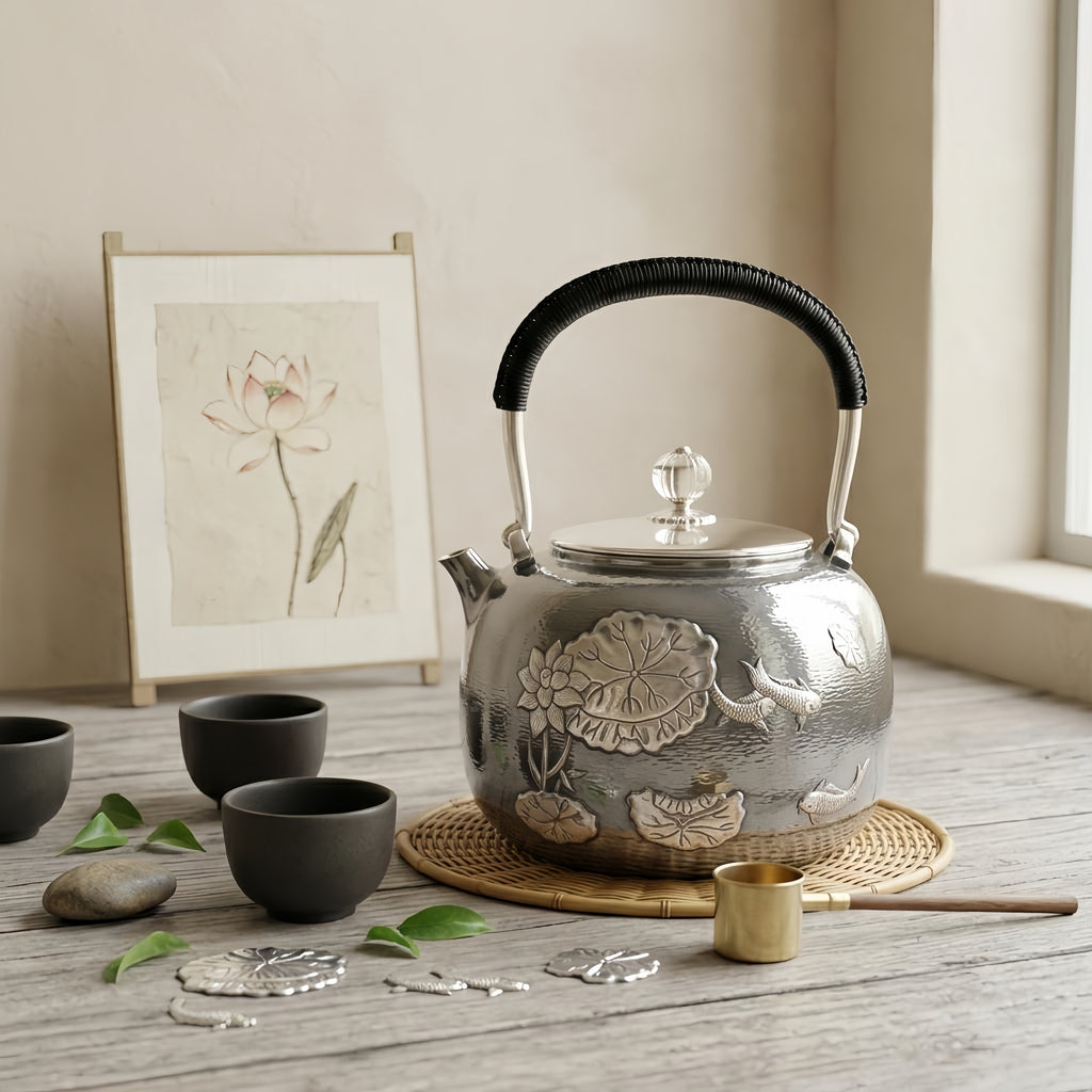 925 Sterling Silver Elegant  Teapot with Lotus and Koi Design-Fine large teapot - Handicraft