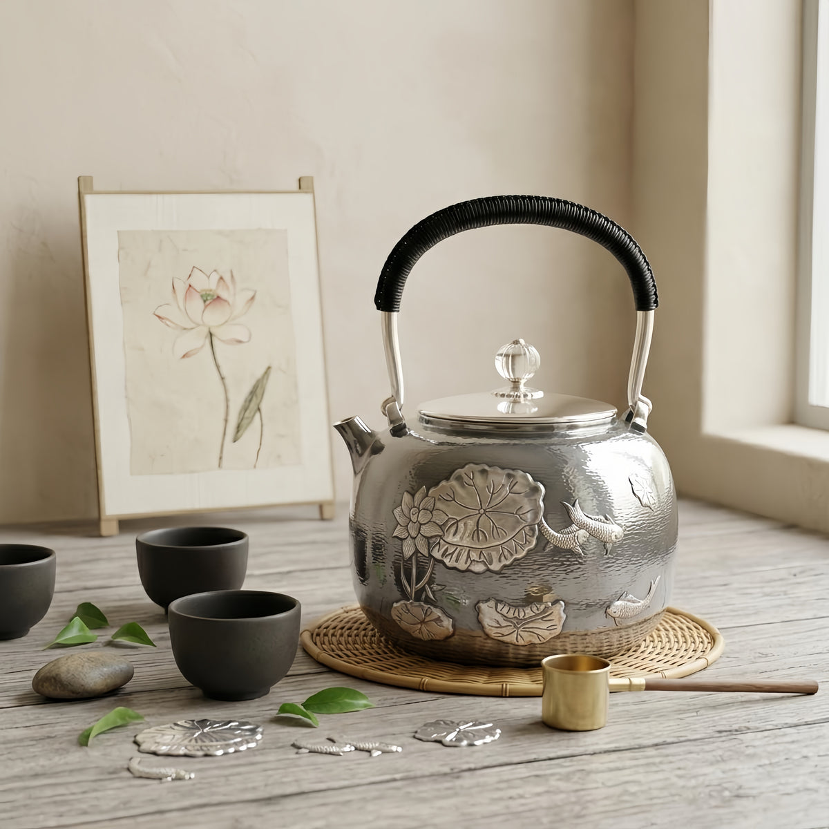925 Sterling Silver Elegant  Teapot with Lotus and Koi Design-Fine large teapot - Handicraft