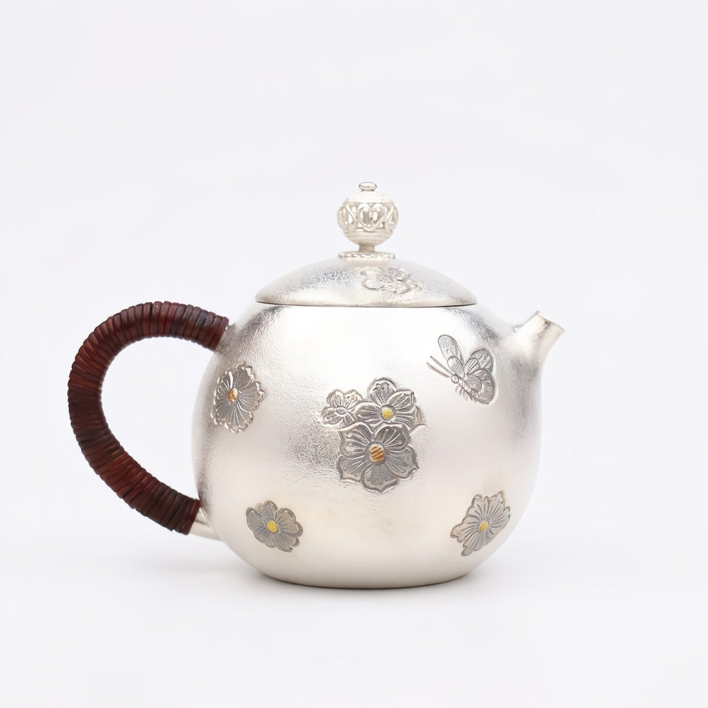 Pure 999 Fine Silver Elegant  Teapot with Floral Embellishments and Butterfly Motif-exquisite handmade teapot - Handicraft