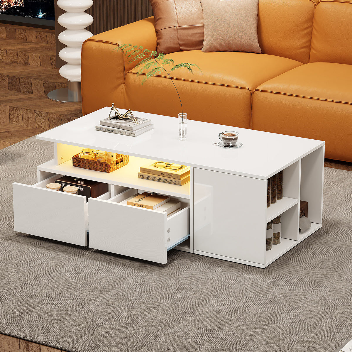 High Gloss Coffee Table With Open Storage, LED Lights, Centre Table With 2 Drawers, Sofa Side Table, Space-saving End Table, Tea Table, 100X50X35cm, White, Particleboard