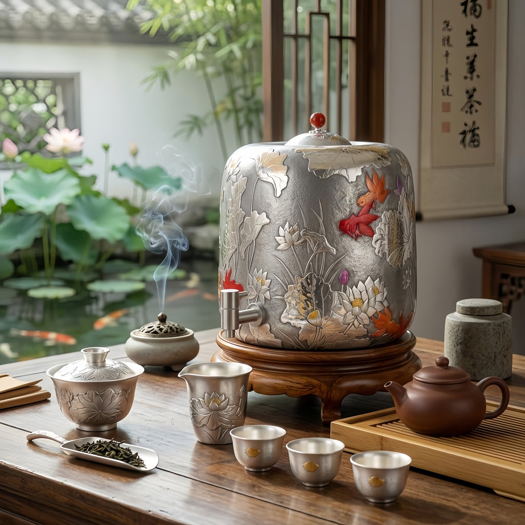 Pure 999 Fine Silver Ornate Silver-Tone Lotus and Carp Relief Beverage Dispenser - Handicraft