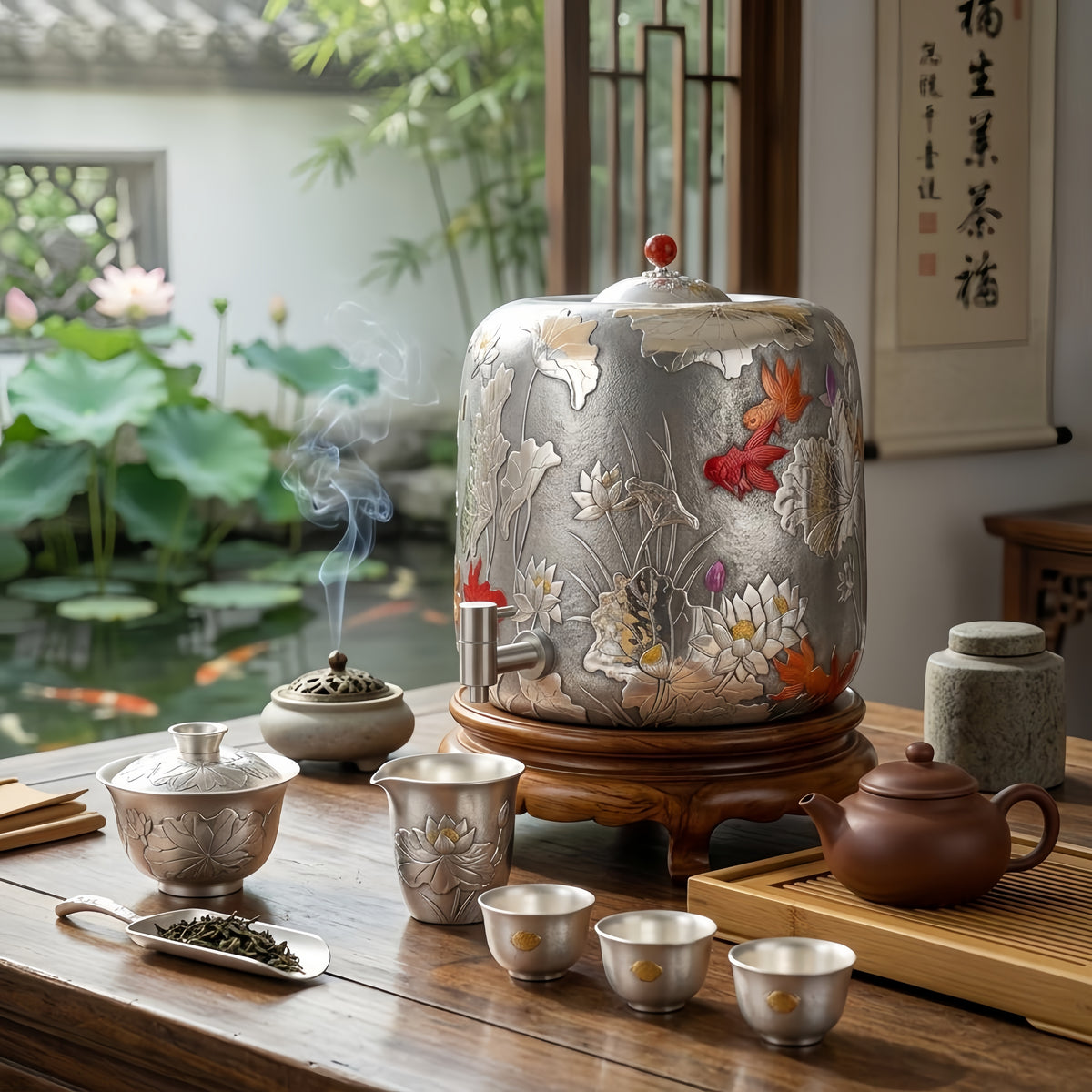 Pure 999 Fine Silver Ornate Silver-Tone Lotus and Carp Relief Beverage Dispenser - Handicraft