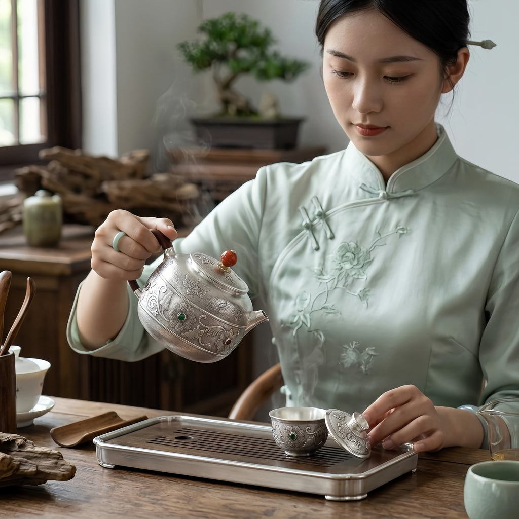 Pure 999 Fine Silver Handcrafted Silver Teapot with Intricate Floral Engravings and Gemstone Accents - Handicraft