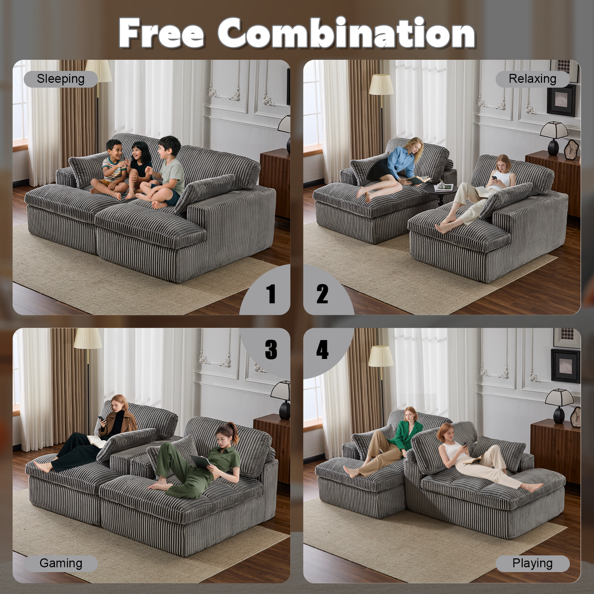 Double Chaise Lounge Chair Indoor,Oversized Upholstered Sleeper Cloud Couch,Deep Seat Luxury Sofa Bed,Sectional Sofa Chaise Love-seat,Corduroy Reading Chair For Living Room,No Assembly Required,Grey