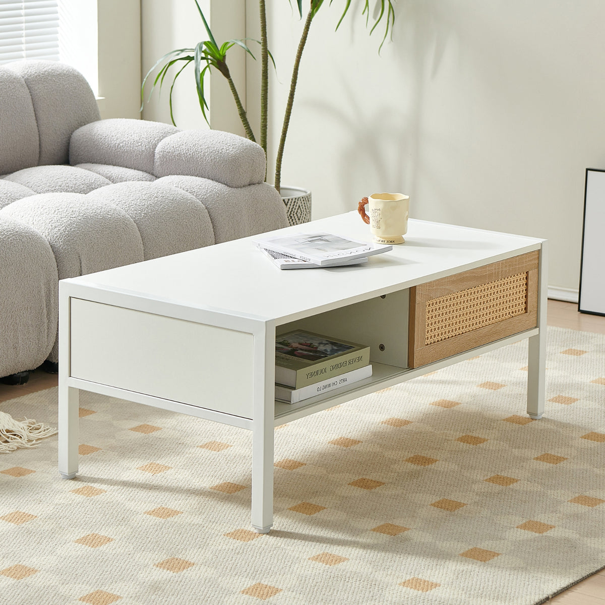 40.16 Rattan Coffee Table With Sliding Door, Metal Legs - Modern Living Room
