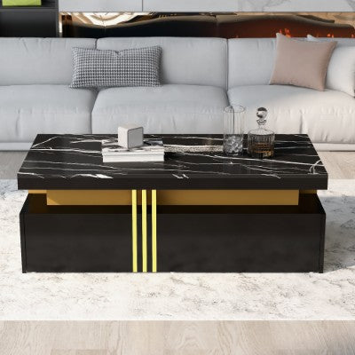 Modern White Rectangular Coffee Table With Marble Pattern Triamine Board Top And 2 Wooden Drawers, Living Room Table, 100x50x40cm