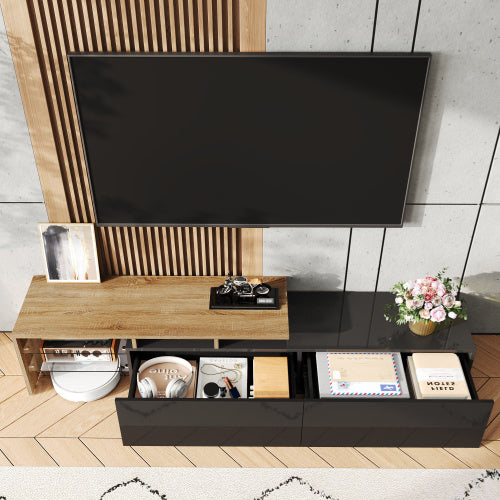 Modern TV Cabinet Design Stylish And Elegant, Practical Storage Space, Black And Wood Look, Glass Shelves, LED Lighting