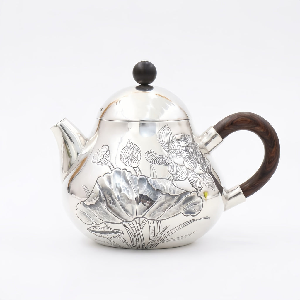 925 Sterling Silver Elegant Hand-Engraved Silver Teapot Featuring Intricate Lotus Design and Natural Wood Handle - Handicraft
