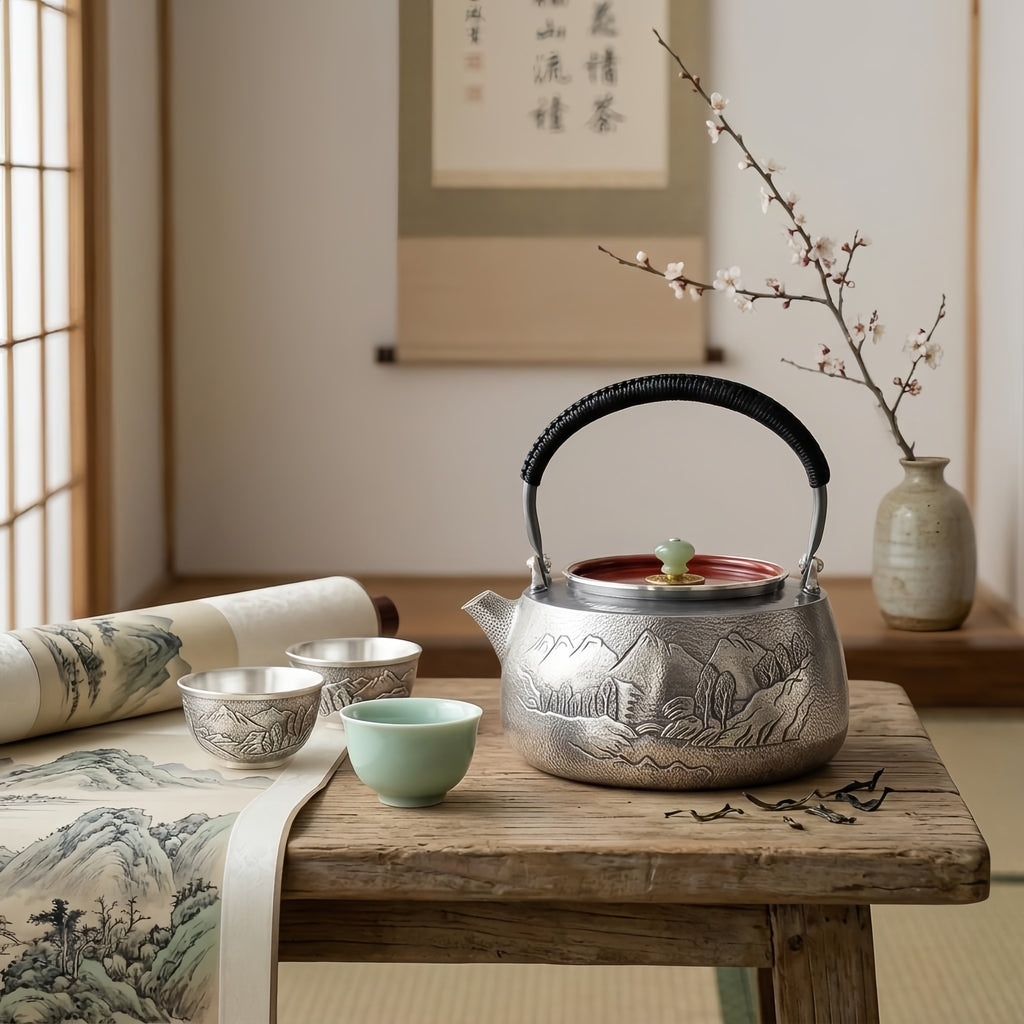 925 Sterling Silver Exquisite Handcrafted Silver Teapot with Engraved Mountain Landscape and Jade Lid Finial - Handicraft