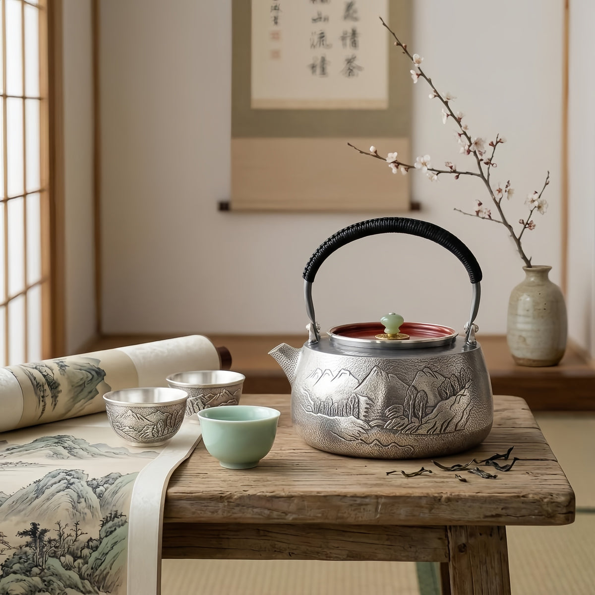 925 Sterling Silver Exquisite Handcrafted Silver Teapot with Engraved Mountain Landscape and Jade Lid Finial - Handicraft
