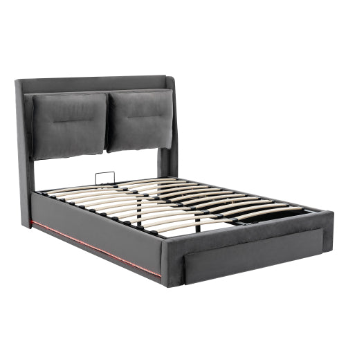 Upholstered Bed, 135x190  4ft6, Double Bed, Hydraulic Bed, 2-in-1 Storage Drawers At The End Of The Bed, Recessed LED Light Strips On Both Sides Of The Bed, Slatted Frame, Velvet,Dark Gray