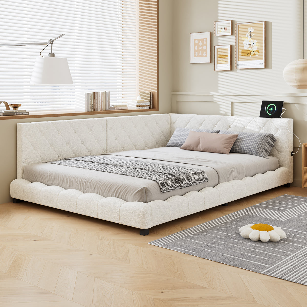 Upholstered Bed, 4ft6 Double Bed 135x190cm, With Side Rails On The Bed, With Two Comfortable Headboards, Boucle  Plywood, Beige
